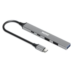 Silver aluminum USB-C multi-port hub with a short USB-C cable, featuring two USB-A ports and two USB-C/USB-C ports for laptop connectivity