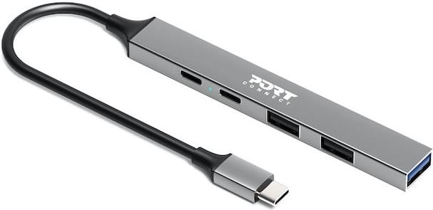 900163 ComputechSolutions Silver aluminum USB-C multi-port hub with a short USB-C cable, featuring two USB-A ports and two USB-C/USB-C ports for laptop connectivity