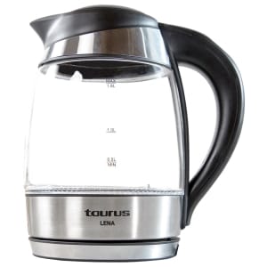 958521 ComputechSolutions Taurus Lena electric kettle with a glass body, black handle, and stainless base. It shows measurement marks on the glass (0.5L, 1.0L, 1.8L).