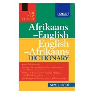 Afrikaans–English / English–Afrikaans dictionary cover with green and yellow panels, The New Choice badge, and Marlin logo.