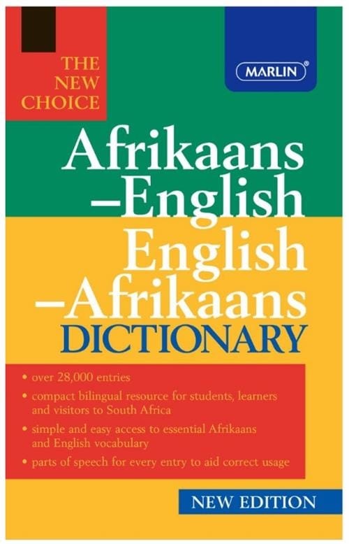 9781842058527 ComputechSolutions Afrikaans–English / English–Afrikaans dictionary cover with green and yellow panels, The New Choice badge, and Marlin logo.