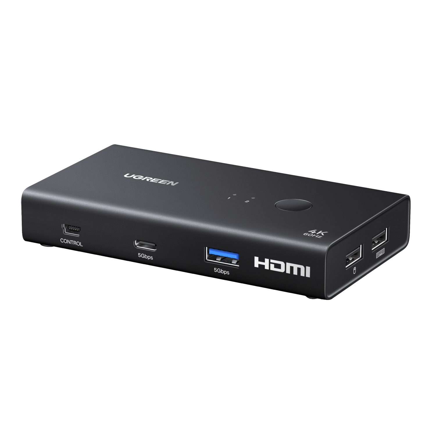 AK50275246UGREENHDMI20KVMSwitch2In1Outwr01png ComputechSolutions UGREEN 4K60Hz HDMI multiport adapter in dark gray with HDMI output, two USB 5Gbps ports, a control port on the side, and a circular top button on a sleek enclosure.