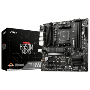 B550M_PRO-VDH_MSI_B550M_PRO-VDH_AM4_M-ATX_Motherboard_wr_01png - Computech-Solutions MSI B550M PRO-VDH motherboard next to its box, showing PCIe slots and heatsinks.