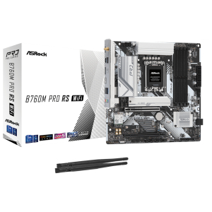 B760M-PRO-RS-WIFI_ASRock-B760M-Pro-RS-WiFi-Intel-LGA-1700-MATX-Gaming-Motherboard_wr_01jpg - Computech-Solutions ASRock B760M Pro RS WiFi motherboard with its white packaging box and two black Wi‑Fi antennas below.