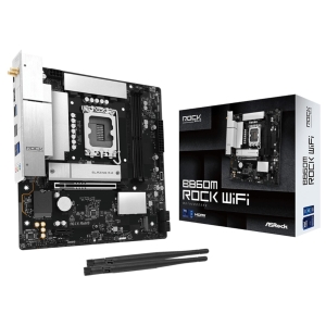 ASRock motherboard displayed next to its Black box, showing CPU socket, PCIe slots, and antennas included with the kit.