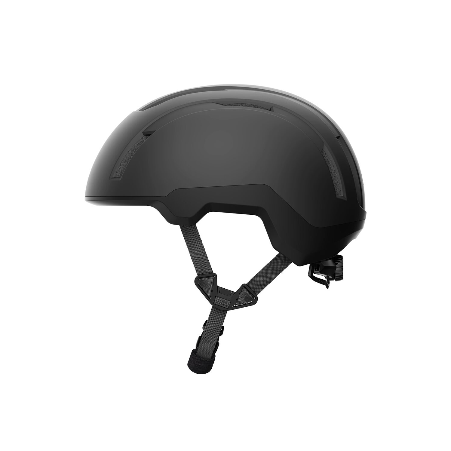 BHR086UGLXiaomiElectricScooterRidingHelmetwr05jpg ComputechSolutions Black hard-shell bike helmet with adjustable chin strap and ventilation slots, viewed from the side