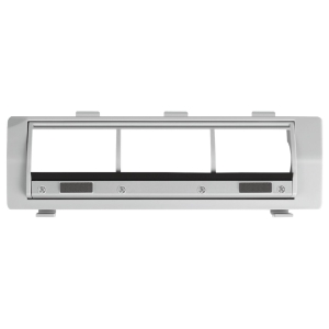 Front view of a closed car stereo head unit with a wide rectangular frame and mounting tabs at the sides (no display visible).