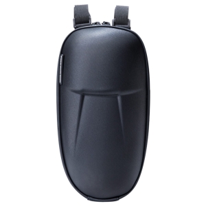 Top-down view of a sleek black hard-shell backpack with rounded edges and a zipper at the opening