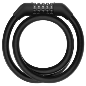 Coiled black security cable with a four-digit combination lock in the center.