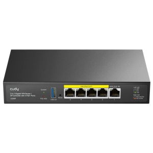 C200PCudyC200P2in1GigabitVPNRouterAPControllerBlackwr01ajpg ComputechSolutions Front view of a Cudy 2-in-1 Gigabit VPN Router with 4 PoE ports (model C200P); shows five Ethernet ports, USB 3.0 port, status LEDs, and a yellow LAN label on the back panel