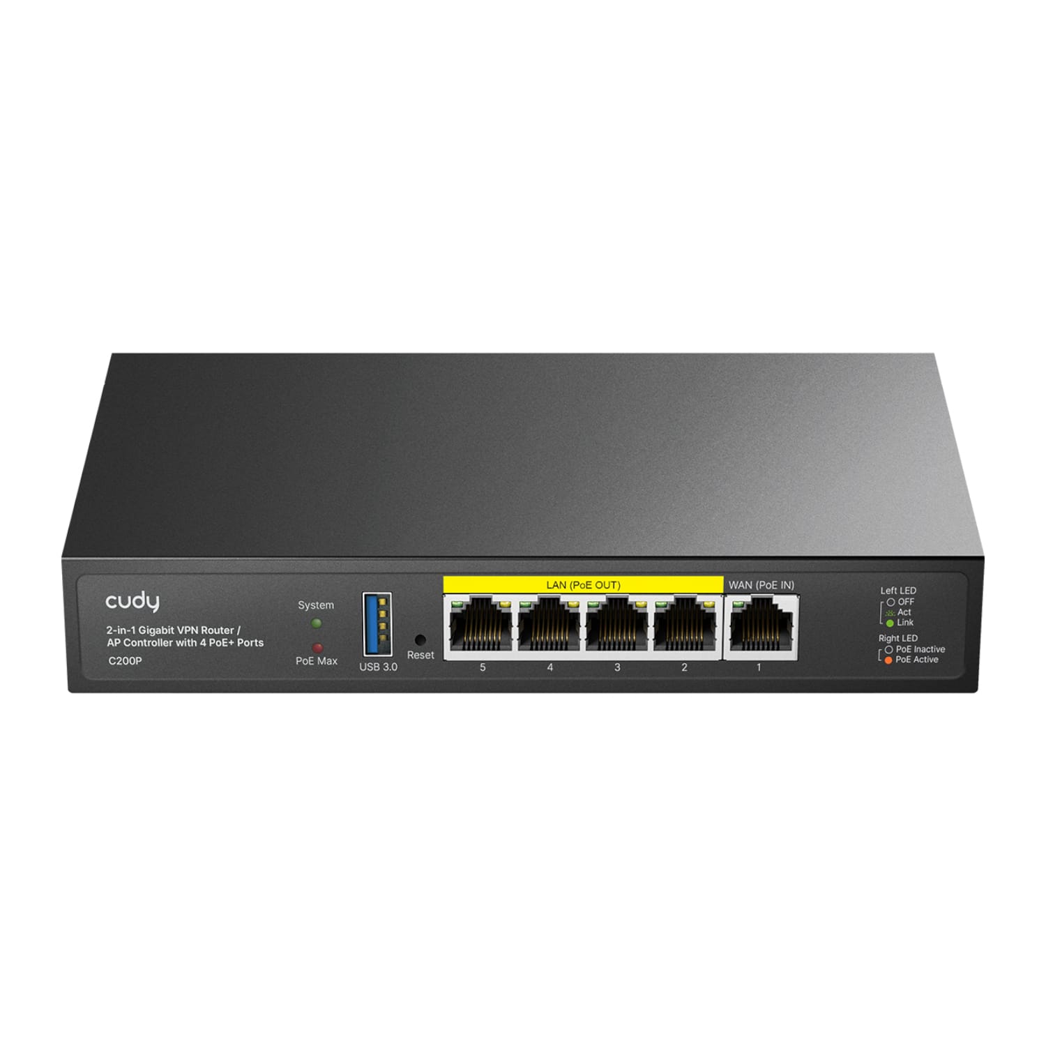 C200PCudyC200P2in1GigabitVPNRouterAPControllerBlackwr01ajpg ComputechSolutions Front view of a Cudy 2-in-1 Gigabit VPN Router with 4 PoE ports (model C200P); shows five Ethernet ports, USB 3.0 port, status LEDs, and a yellow LAN label on the back panel