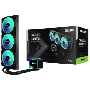 CHALLENGER-360-DIGITAL_ASRock_Challenger_360_Digital_AIO_Liquid_wr_01png - Computech-Solutions ASRock Challenger 360 Digital AIO liquid cooler with three RGB fans beside its packaging box.