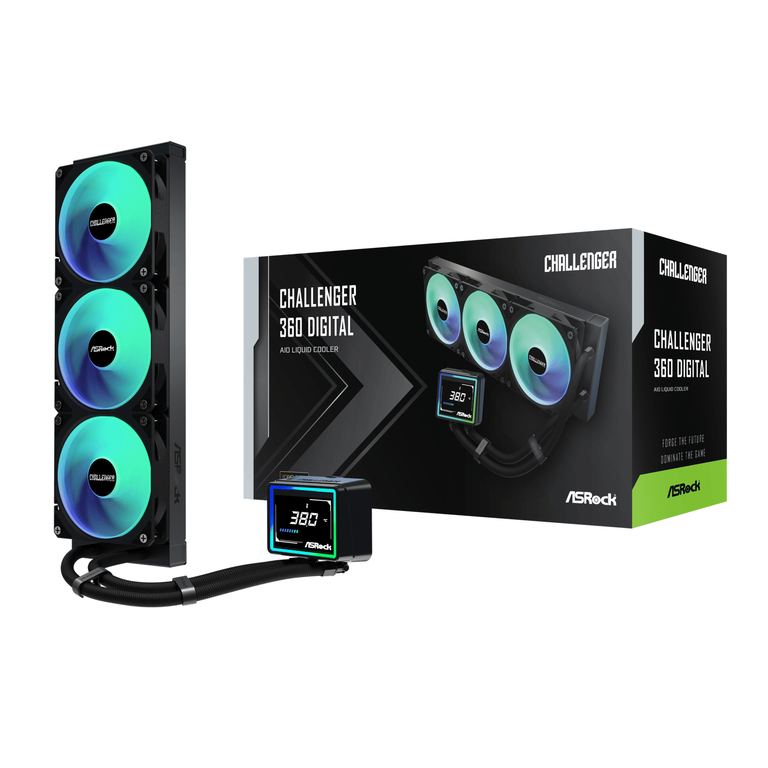 CHALLENGER-360-DIGITAL_ASRock_Challenger_360_Digital_AIO_Liquid_wr_01png - Computech-Solutions ASRock Challenger 360 Digital AIO liquid cooler with three RGB fans beside its packaging box.