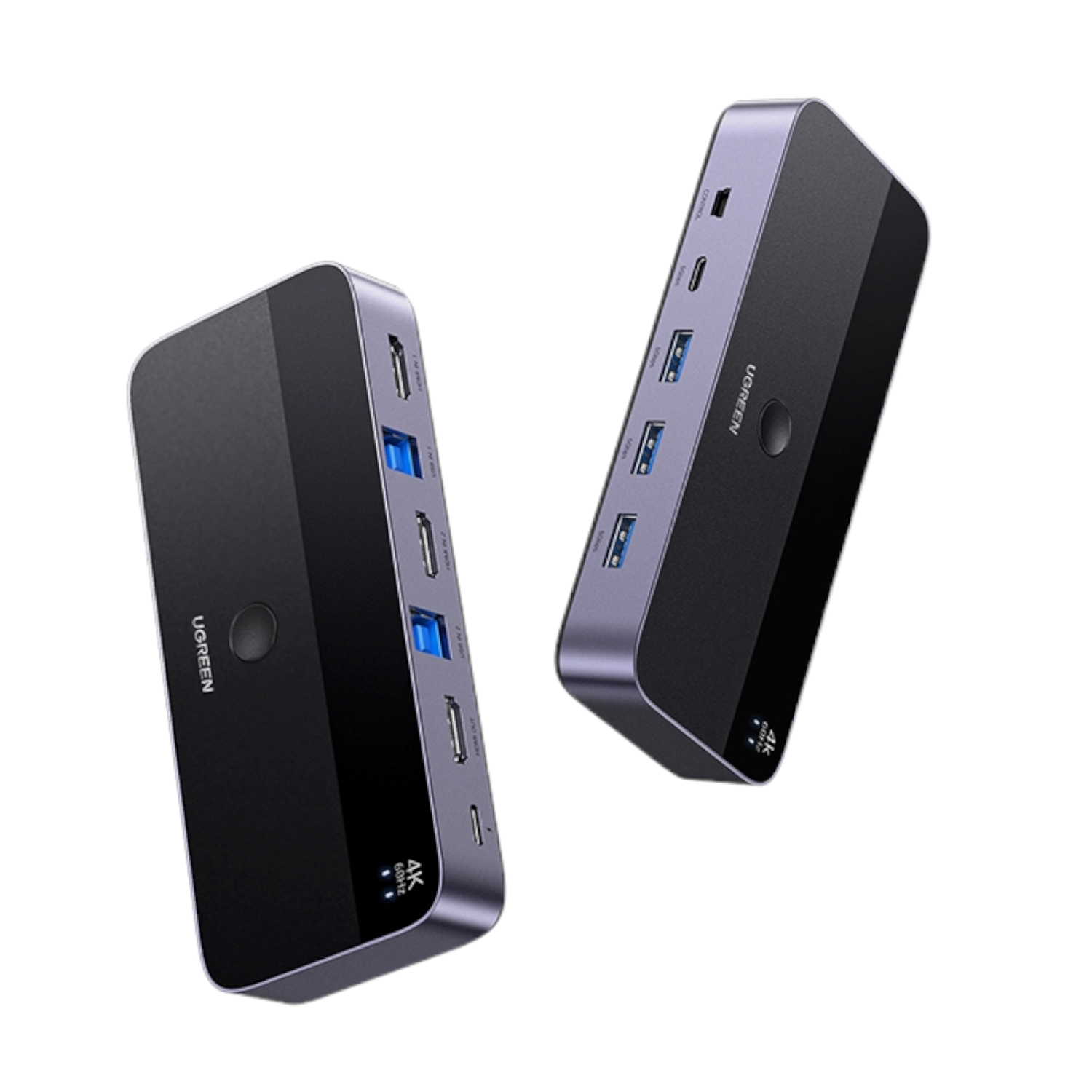 CM66415707UGREEN4K60HzHDMIKVMSwitch2In1Outwr01bjpeg ComputechSolutions Two UGREEN USB-C docking hubs with multiple ports visible, one rotated to show front and side bays.