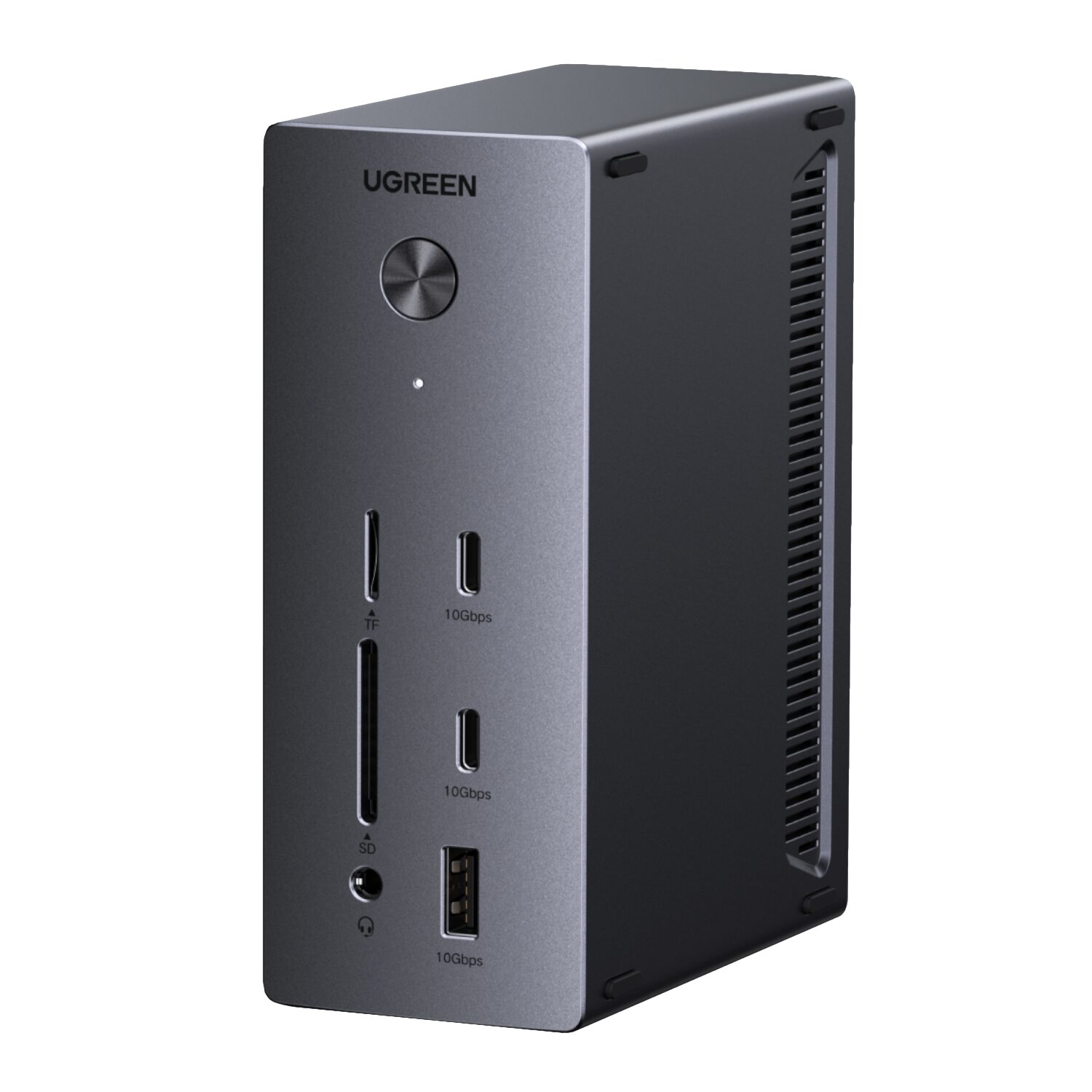 CM843-85489_UGreen_USB_Type-C_TO_USB2x_HDMIDPRJ45_Do_wr_01jpg - Computech-Solutions UGREEN USB hub with SD and TF card slots and two USB 10Gbps ports, front panel visible on a metallic desktop unit