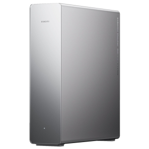 DVB4550GLXiaomiRouterBE19000Prowr01jpg ComputechSolutions Tall, matte gray Xiaomi router standing upright with a rounded edge and a small LED at the base on a white background.