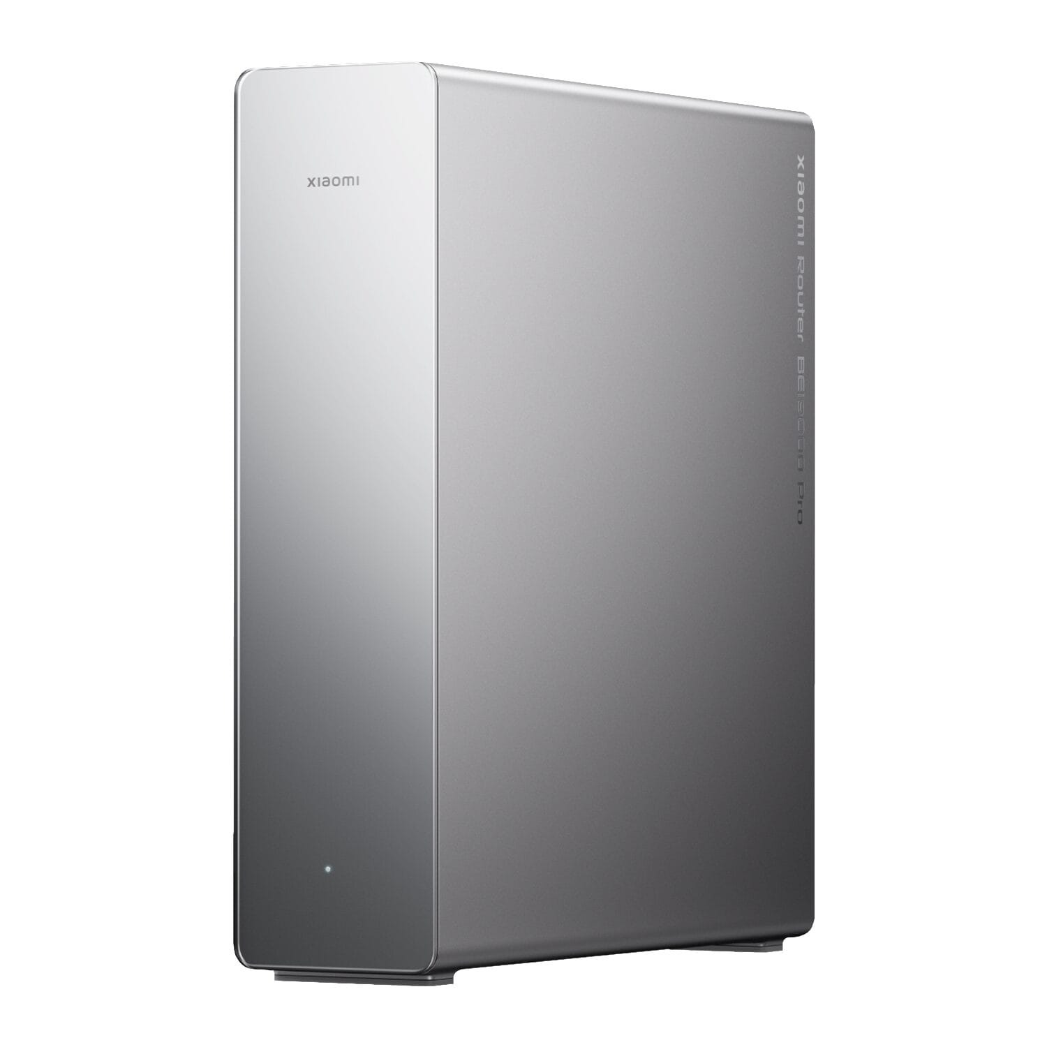 DVB4550GLXiaomiRouterBE19000Prowr01jpg ComputechSolutions Tall, matte gray Xiaomi router standing upright with a rounded edge and a small LED at the base on a white background.