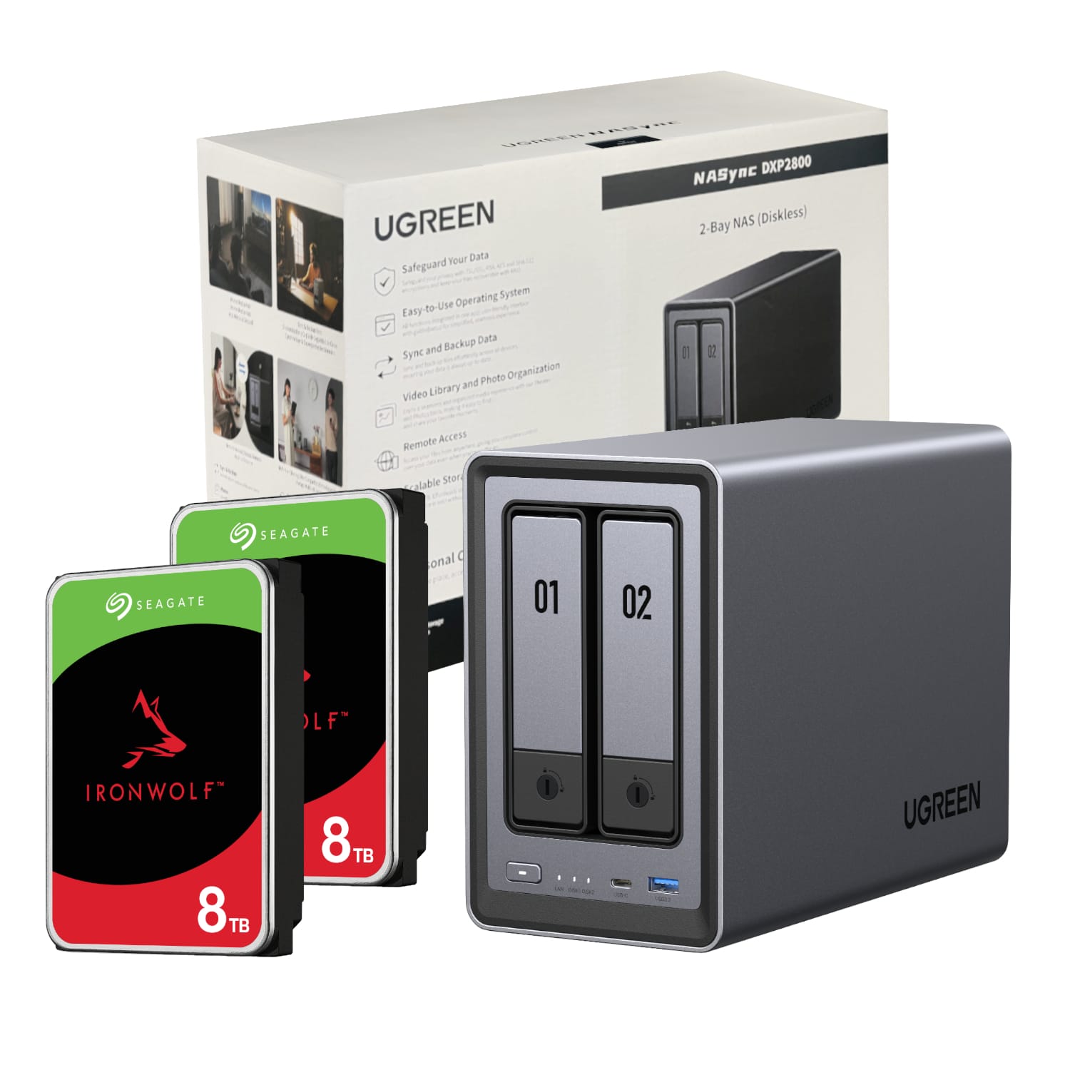 DXP280016TBV2UGreenNASyncDXP28002BayNASwithSeagateIronwolfNAS16TBSATAHardDriveV2Bundle2x8TBwr01ajpg ComputechSolutions NAS storage setup featuring a grey dual-bay enclosure in the foreground and a white product box labeled 'UGREEN' in the background, with two Seagate IronWolf 8TB hard drives visible on the left.