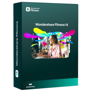 FX012_Wondershare_FILMORA_Creative_Assets_Annu_wr_01jpg - Computech-Solutions Product packaging for Wondershare Filmora 14 video editing software, featuring a teal box with colorful abstract artwork and a woman at a desk.
