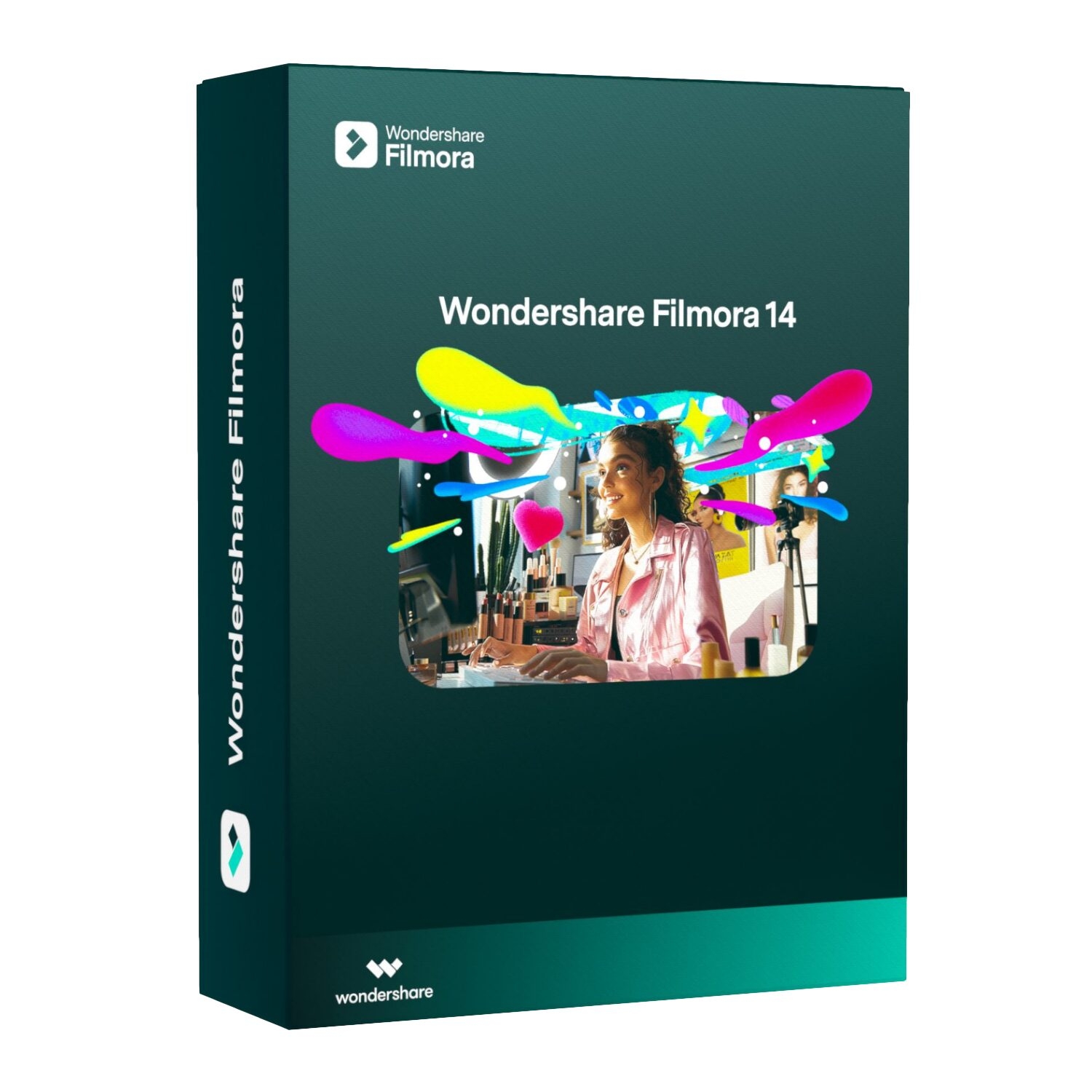 FX012_Wondershare_FILMORA_Creative_Assets_Annu_wr_01jpg - Computech-Solutions Product packaging for Wondershare Filmora 14 video editing software, featuring a teal box with colorful abstract artwork and a woman at a desk.
