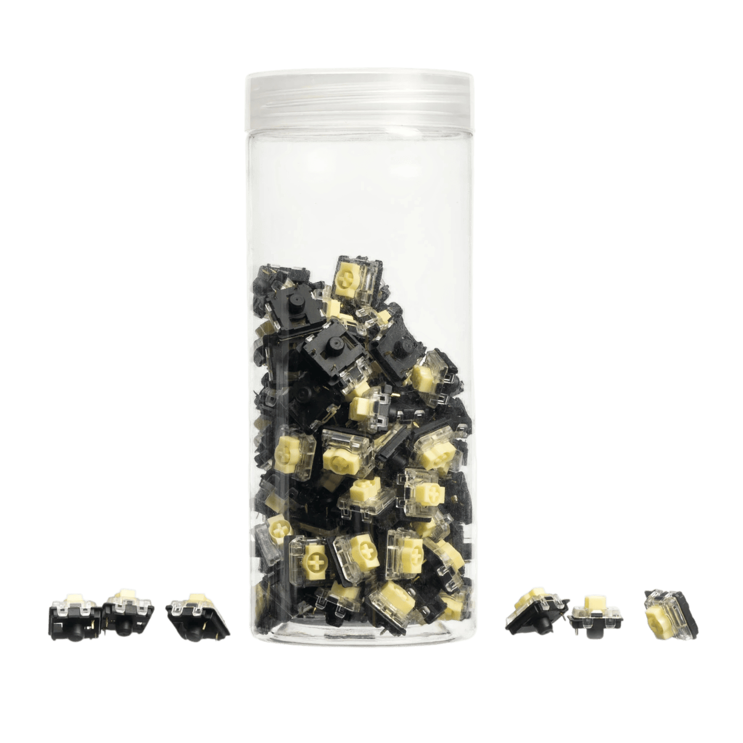 G195_Keychron_Banana_Gateron_KS-33_Low_Profil_wr_01png - Computech-Solutions Clear plastic jar filled with small black and tan LEGO bricks, with loose pieces scattered around on a white background.