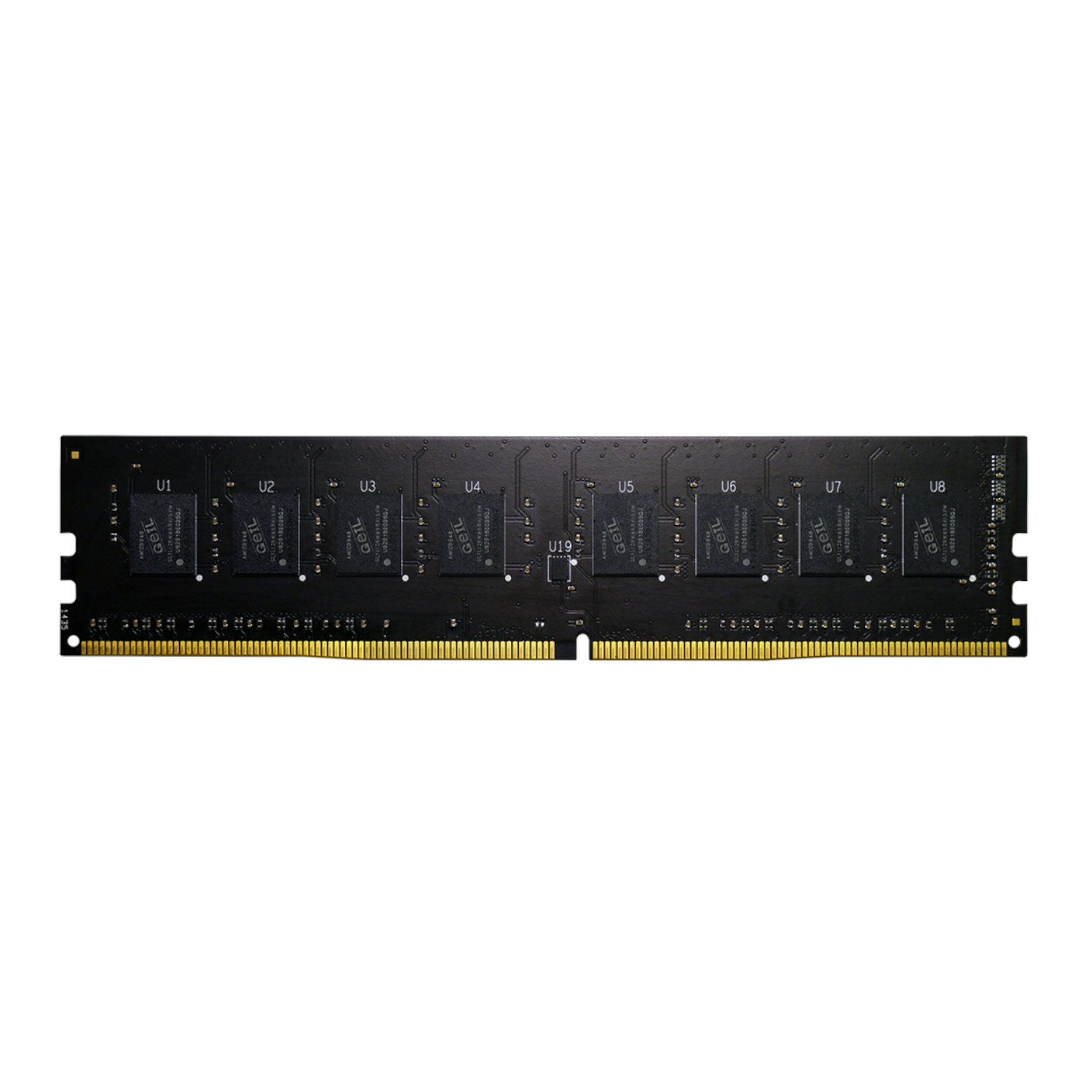 GP416GB3200C22SC_GeIL-Pristine-16GB-DDR4-3200MHz-UDIMM-Desktop-Memory_wr_01jpg - Computech-Solutions Desktop RAM module (black PCB) with gold edge connectors along the bottom, shown on a white background.