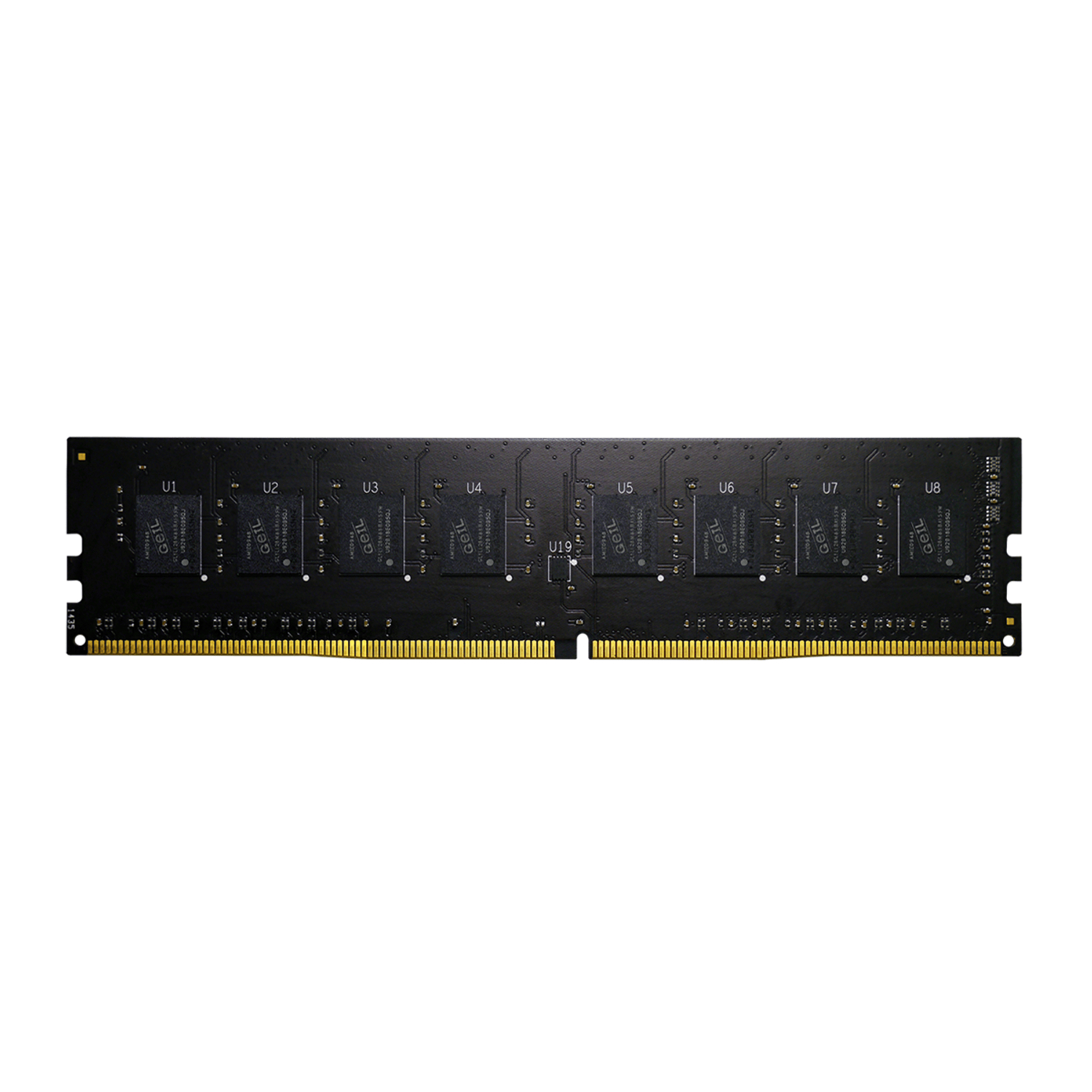 GP44GB2666C19SC_GeIL_Pristine_4GB_DDR4_2666MHz_Desktop_M_wr_01png - Computech-Solutions Black RAM memory module with gold edge connectors and labeled memory chips (U1–U8) visible on PCB far edge.