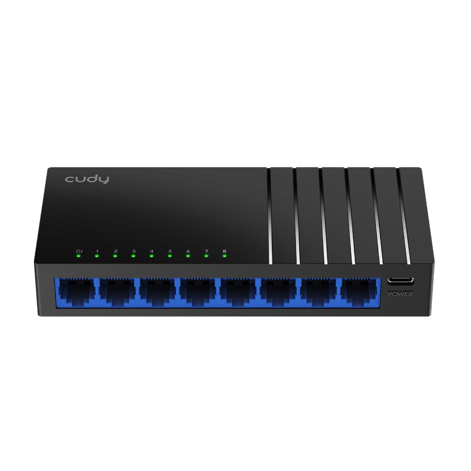 Cudy eight-port network switch with blue Ethernet ports and green status LEDs labeled 1–8, power input on the right side.