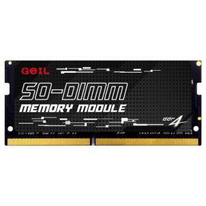GS432GB3200C22SC_GeIL-Pristine-32GB-DDR4-3200MHz-SODIMM-Notebook-Memory-Black_wr_01jpg - Computech-Solutions Black GeIL memory module with red GEIL logo and white '50-DIMM MEMORY MODULE' text, gold edge connectors at bottom.