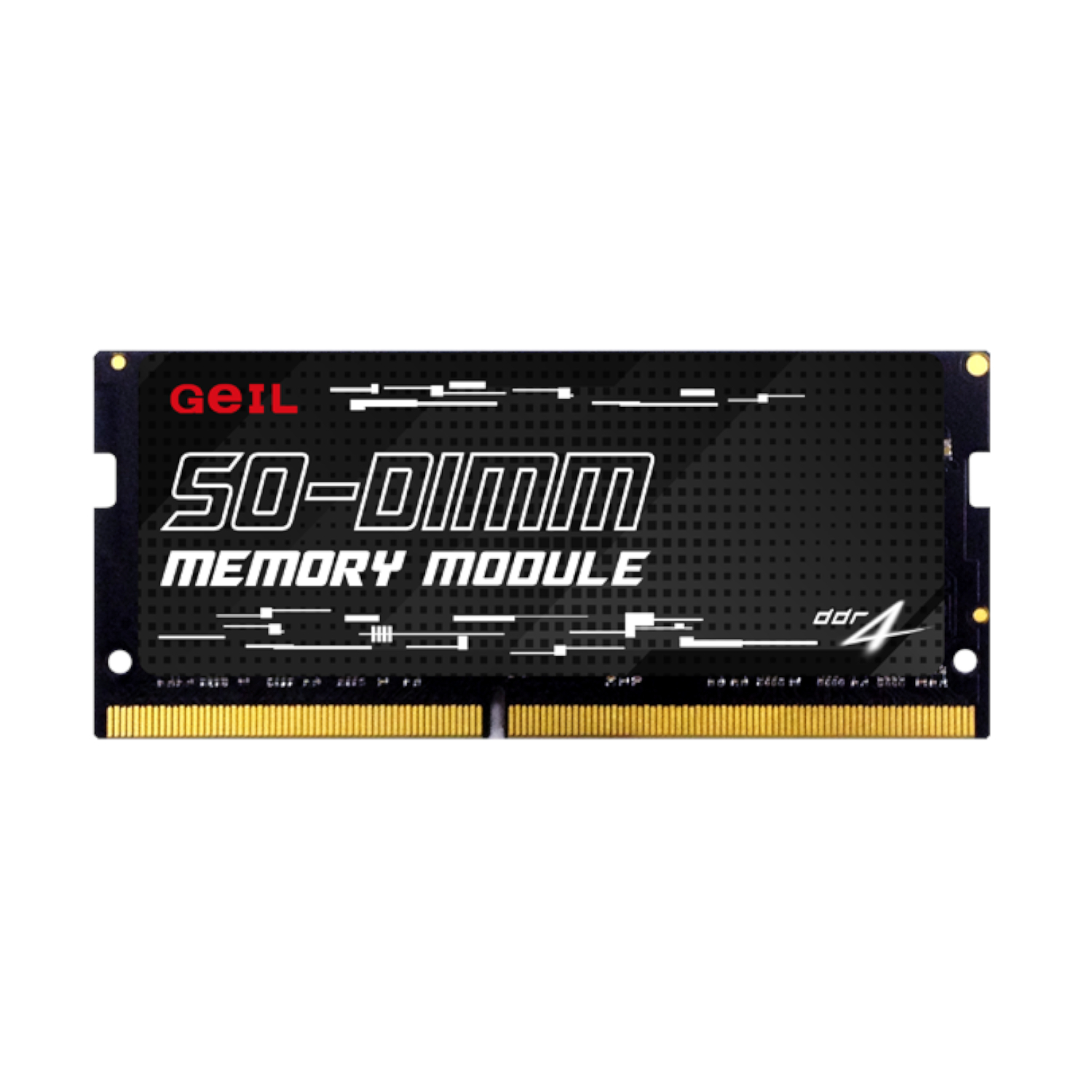 GS432GB3200C22SC_GeIL-Pristine-32GB-DDR4-3200MHz-SODIMM-Notebook-Memory-Black_wr_01jpg - Computech-Solutions Black GeIL memory module with red GEIL logo and white '50-DIMM MEMORY MODULE' text, gold edge connectors at bottom.