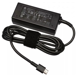 HP laptop AC adapter with power brick, detachable cord, and USB-C connector. The cable is coiled and held with a Velcro strap.