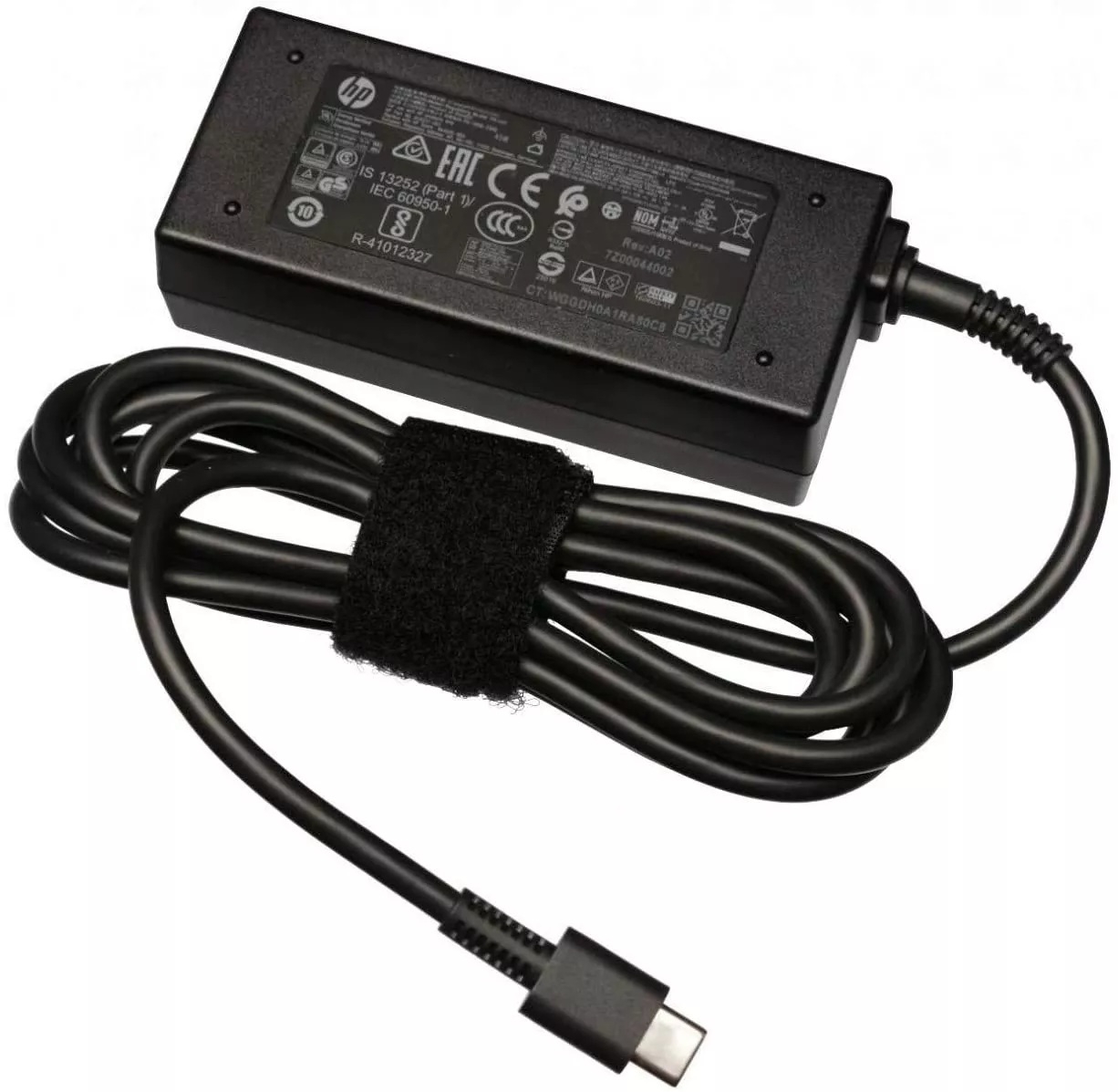 HP Charger ComputechSolutions HP laptop AC adapter with power brick, detachable cord, and USB-C connector. The cable is coiled and held with a Velcro strap.