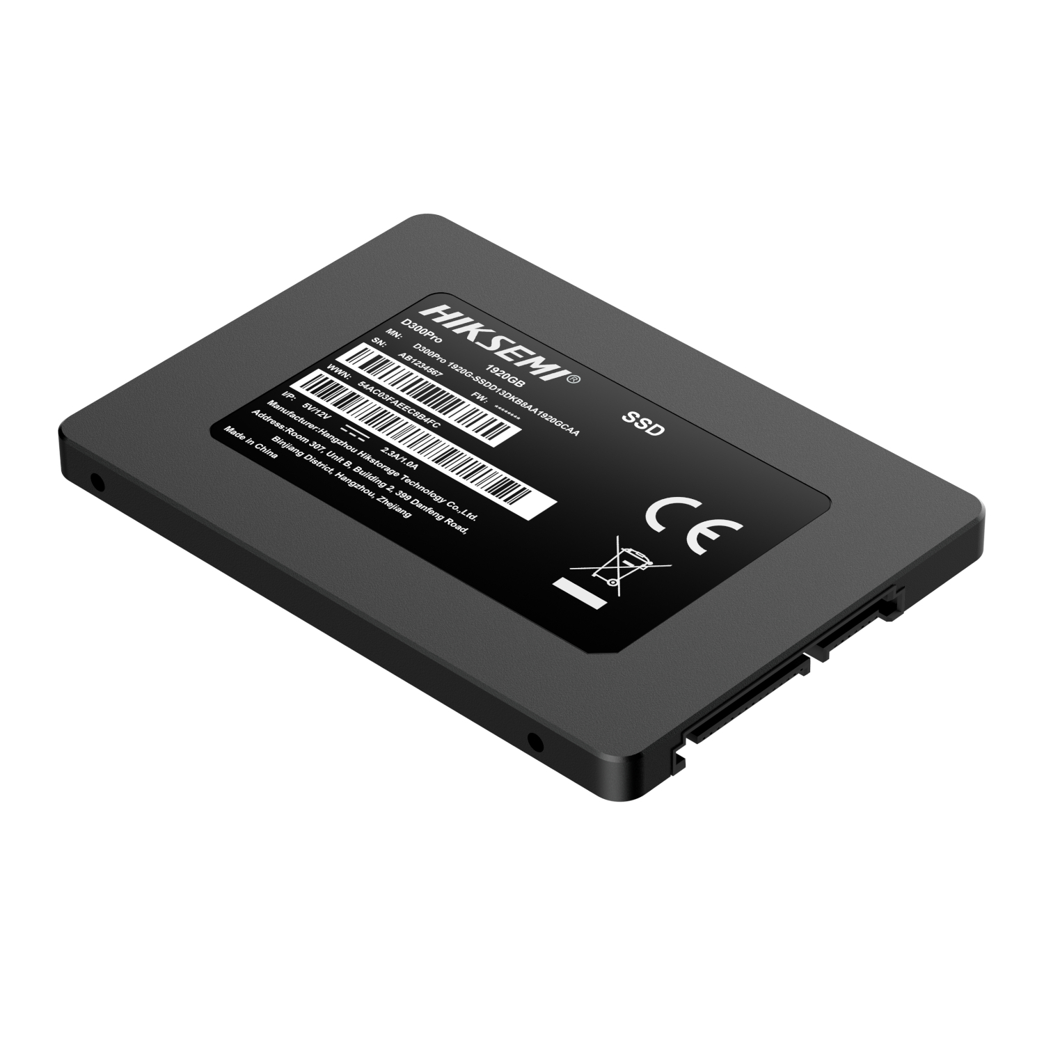 HS-SSD-D300-PRO-1920G_Hiksemi-D300-PRO-Tantalum-Capacitor-1920GB-SATA-III-Enterprise-SSD_wr_01ajpg - Computech-Solutions Black 2.5-inch SSD viewed at an angle, with a labeled top surface showing barcodes and serial numbers.