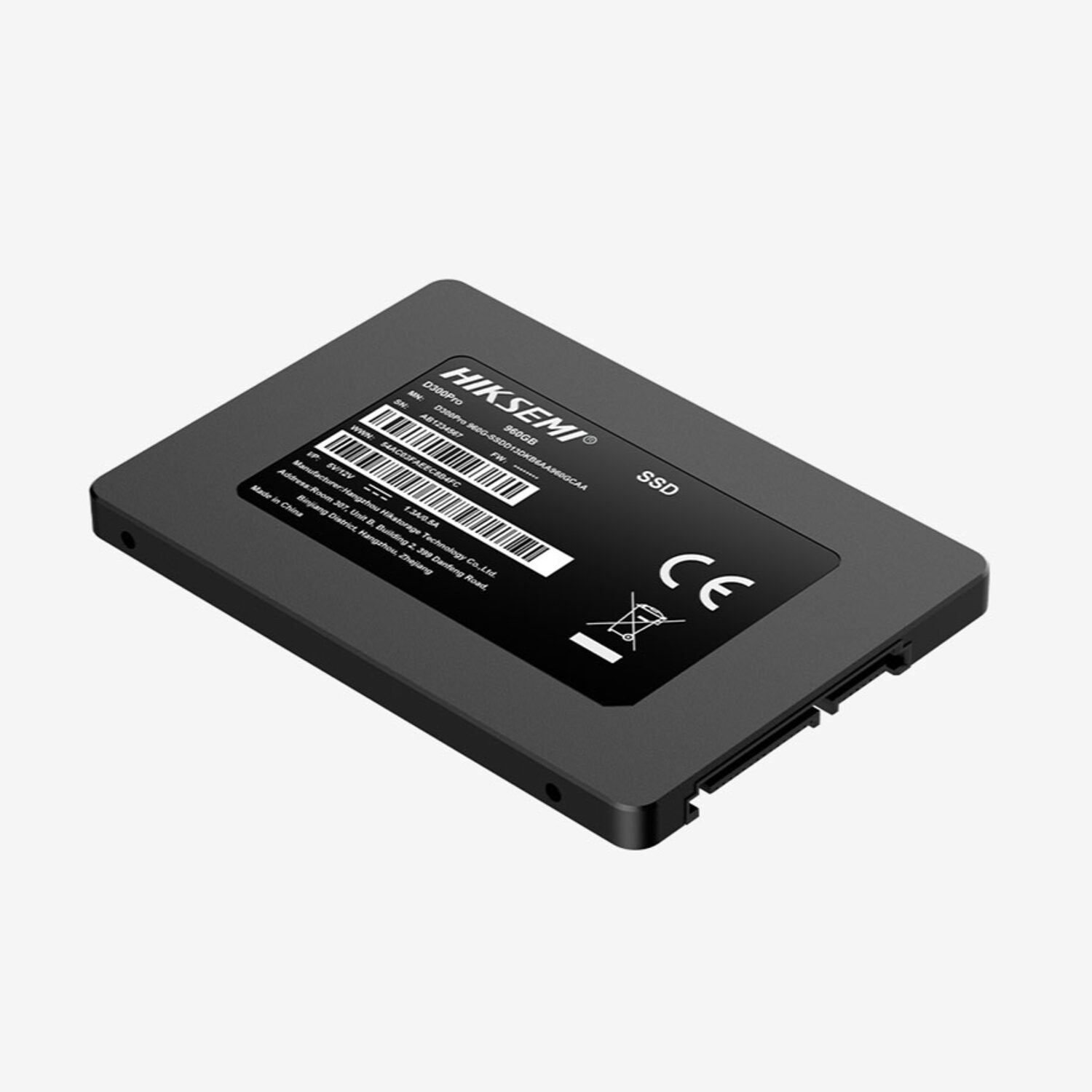 HS-SSD-D300-PRO-960G_Hiksemi_D300_PRO_960GB_Enterprise_SATA_I_wr_01jpg - Computech-Solutions Internal 2.5-inch SSD with label showing model and barcodes, angled view with connector on the side (solid-state drive)