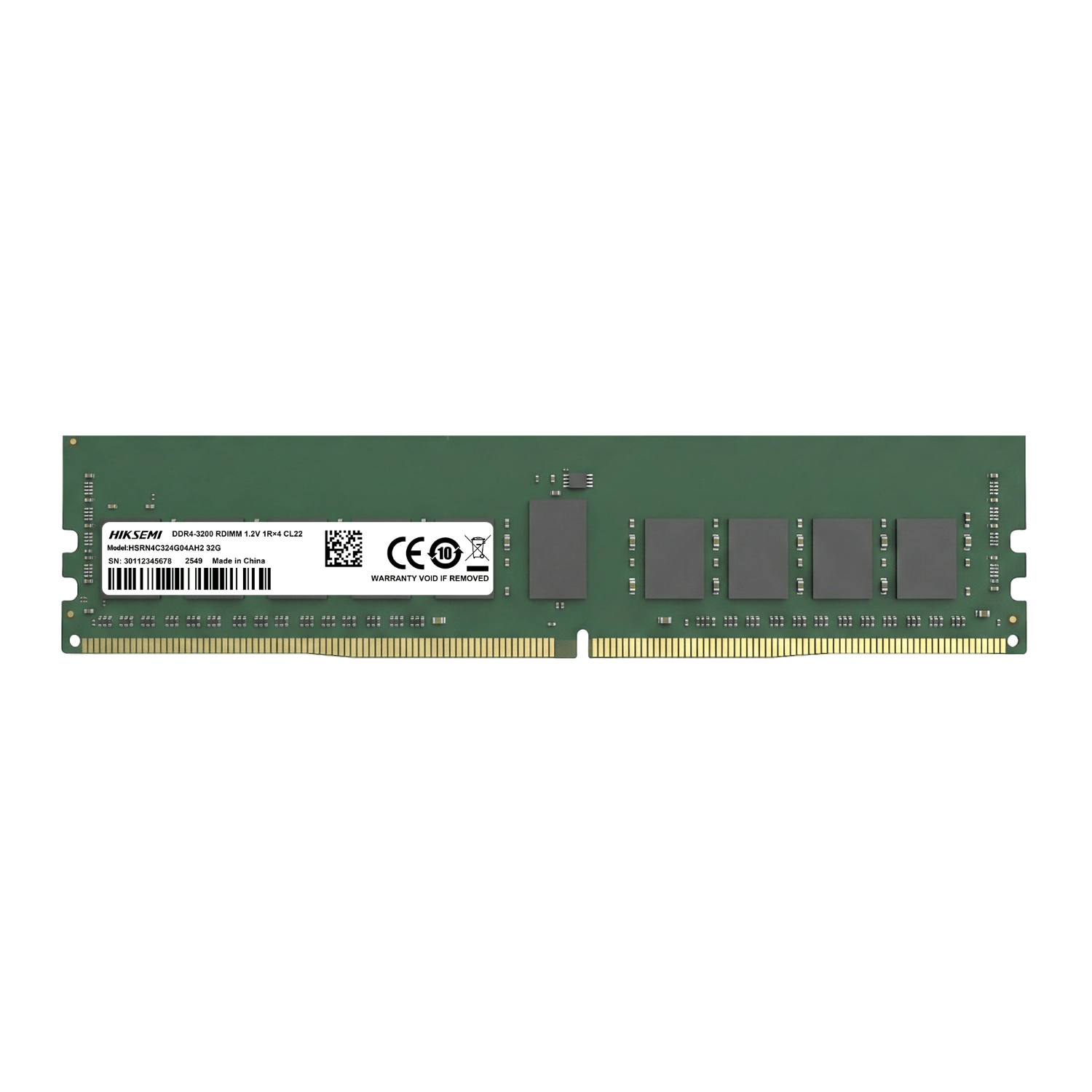 HSRN4C324G04AH2-32G_Hiksemi_32GB_3200Mhz_DDR4_RDIMM_Memory_wr_01png - Computech-Solutions Green RAM DIMM module with gold edge connector and sticker labeling (HIKSEM I) for DDR4 memory; used in PCs.