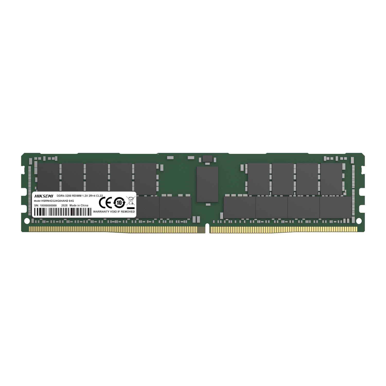 HSRN4D324G04AH2-64G_Hiksemi-64GB-DDR4-RDIMM-Memory-Module_wr_01ajpg - Computech-Solutions DDR4 computer RAM module on a green PCB with gold edge connector and a white label showing model/brand details (HIKSEMI)