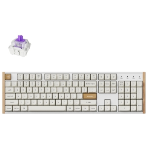 Full-size white mechanical keyboard with wooden sides and numeric keypad; a purple switch module sits above.