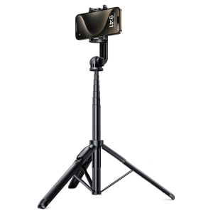 Smartphone mounted on a tall adjustable black tripod with spread-out legs on a white background