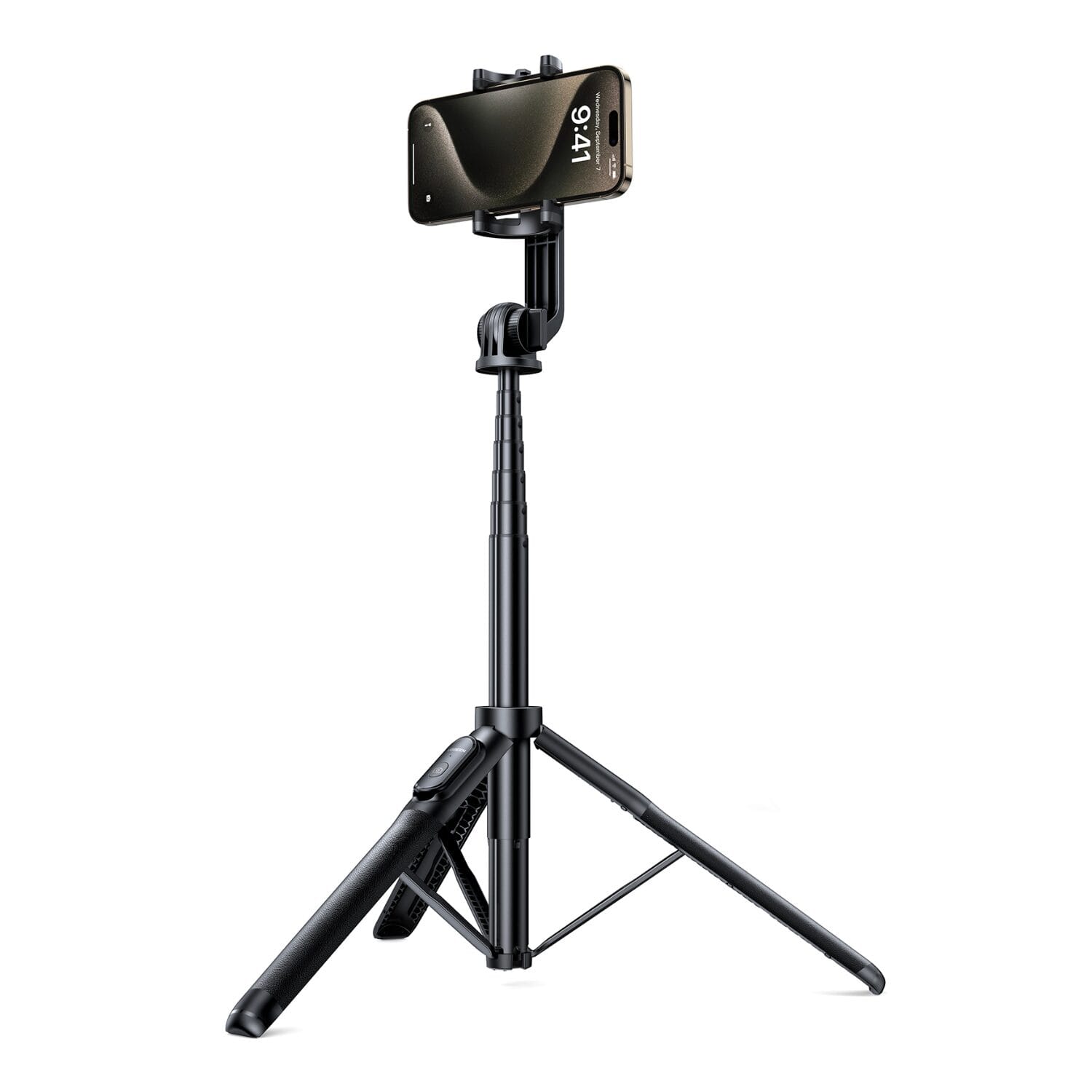 LP58615062UGREENSelfieStickTripodwithBluetootwr01jpg ComputechSolutions Smartphone mounted on a tall adjustable black tripod with spread-out legs on a white background