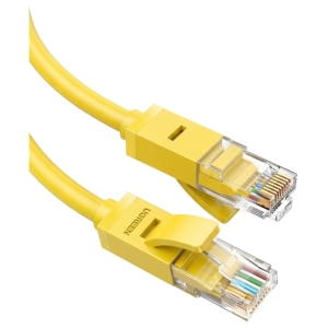 NW10215859UGREENCAT6UUTPLANCBL1MYELwr01jpg ComputechSolutions Close-up of yellow Ethernet cables with transparent RJ-45 connectors on a white background.