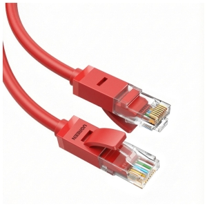NW10280830UGREENCat6UTPFlatEthernetcable2Mwr01jpg ComputechSolutions Red Ethernet cable with clear RJ45 plug showing gold pins for networking use