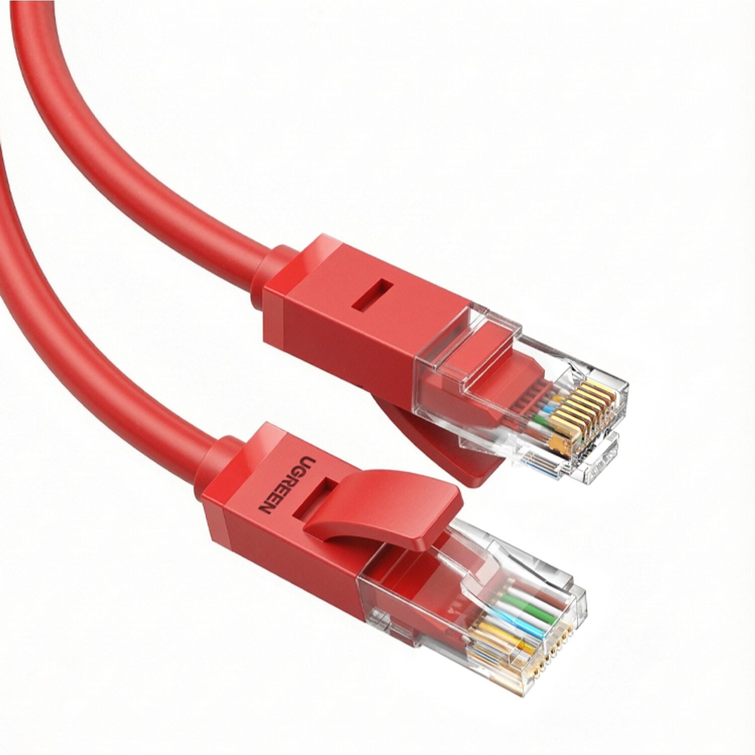 NW10280830UGREENCat6UTPFlatEthernetcable2Mwr01jpg ComputechSolutions Red Ethernet cable with clear RJ45 plug showing gold pins for networking use