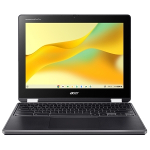 NX_KE3EA_002_Acer_Chromebook_512_-_R856T-TCO-C8B3_-_N_wr_01jpg - Computech-Solutions Open Acer laptop displaying a bright abstract yellow–orange wallpaper on the screen with a visible keyboard and trackpad.