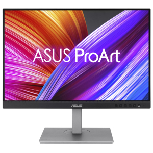 ASUS ProArt monitor on a stand with a colorful abstract wallpaper