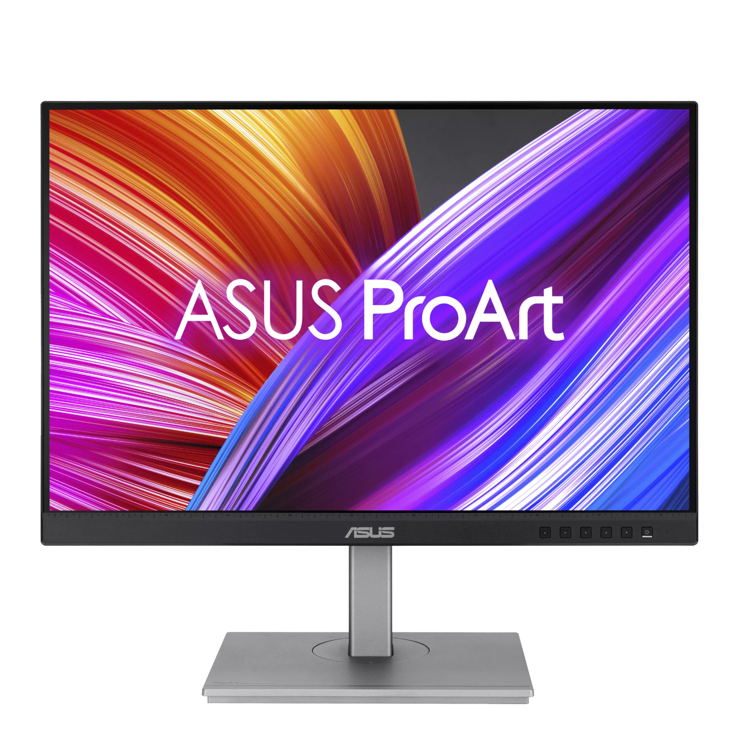 PA248CNV_Asus-ProArt-Display-PA248CNV-241-inch-WUXGA-IPS-75Hz-Monitor-Black_wr_01jpg - Computech-Solutions ASUS ProArt monitor on a stand with a colorful abstract wallpaper
