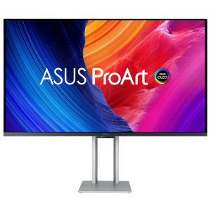 PA32UCDM_Asus-PA32UCDM-ProArt-Display-315-inch-4K-UHD-OLED-240Hz-Professional-Monitor_wr_01jpg - Computech-Solutions ASUS ProArt monitor on a silver stand with a colorful display showing the brand name.