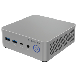 Grey mini PC with two USB 3.0 ports, a USB-C port, audio jack, and blue-ring power button on the front panel; side ventilation. (compact desktop)