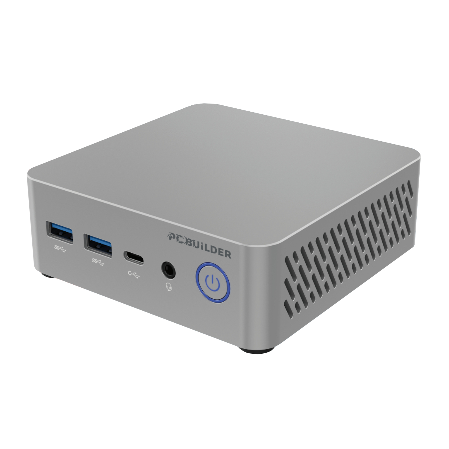 PCB-CUBE-R5-3500_PCBuilder-CUBE-R5-3500-Mini-PC_wr_01ajpg - Computech-Solutions Grey mini PC with two USB 3.0 ports, a USB-C port, audio jack, and blue-ring power button on the front panel; side ventilation. (compact desktop)