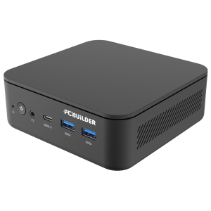 Compact black mini PC with front panel: power button, headphone jack, USB 3.0 ports and blue-lit indicators; vented side.