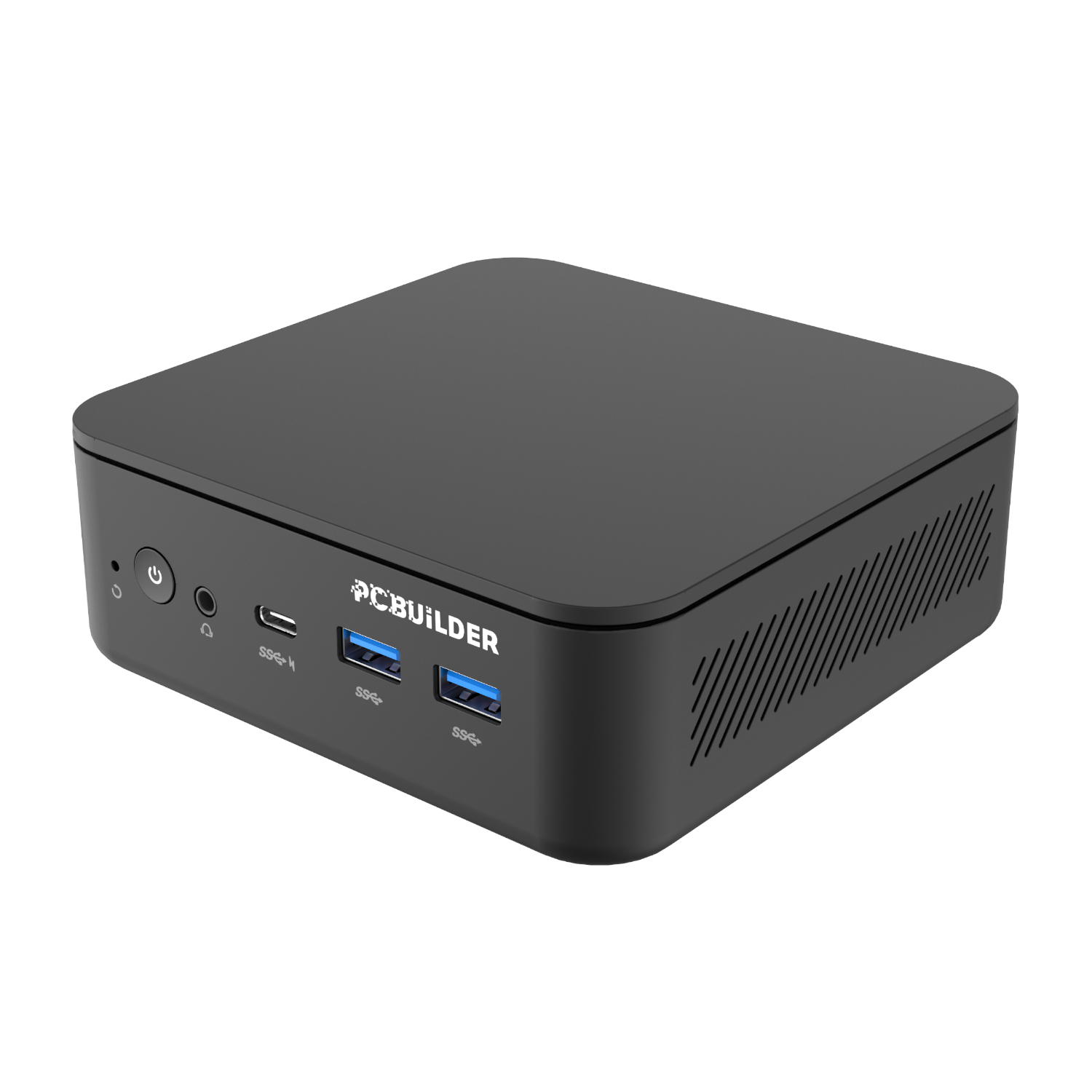 PCB_CUBE_100U12G_HOME_PCBuilder-CUBE-Intel-Core-3-100U-12GB-DDR5-512GB-Windows-11-Home-Mini-PC_wr_01ajpg - Computech-Solutions Compact black mini PC with front panel: power button, headphone jack, USB 3.0 ports and blue-lit indicators; vented side.